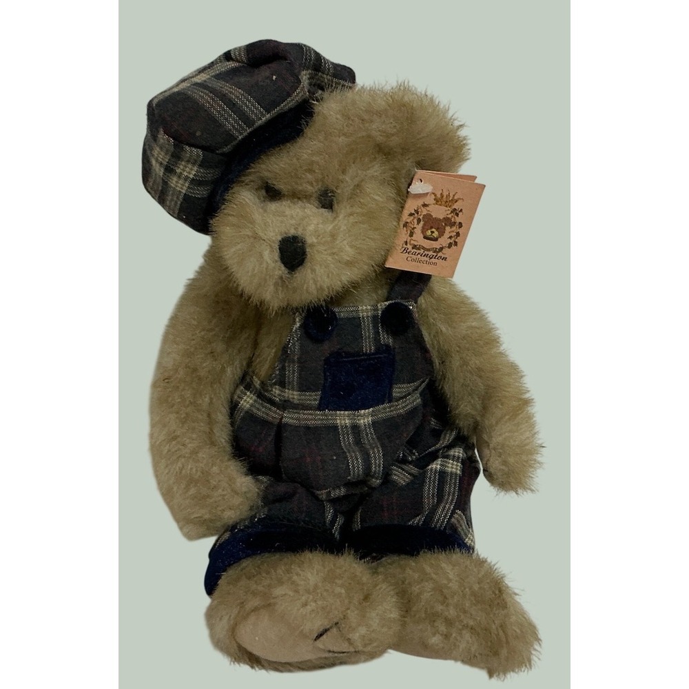 Bearington Collection Plaid Overalls Newsboy Cap Plush Teddy Bear 10 inch NWT